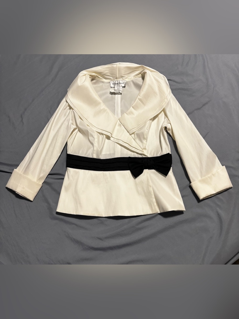 Vintage Victor Costa 12 Top Blouse Ivory Shawl Collar Bow Victorian Edwardian